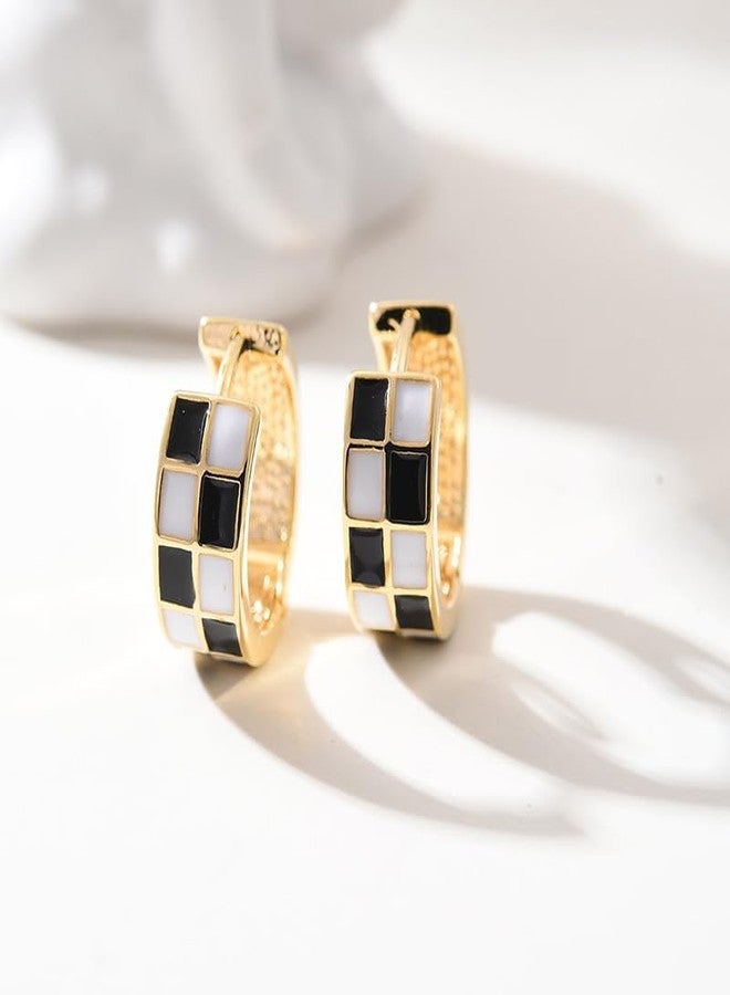 POYAMUSE Checkered Hoop Earrings for Women, Black White Checker Small Hoop Earrings Plated with 16K Gold for Women - Gold - Image 3